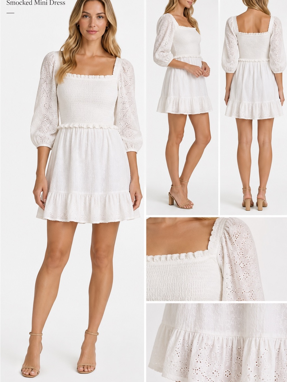 Veronica Beard White Eyelet Smocked Mini Dress | Square Neck | Size 4